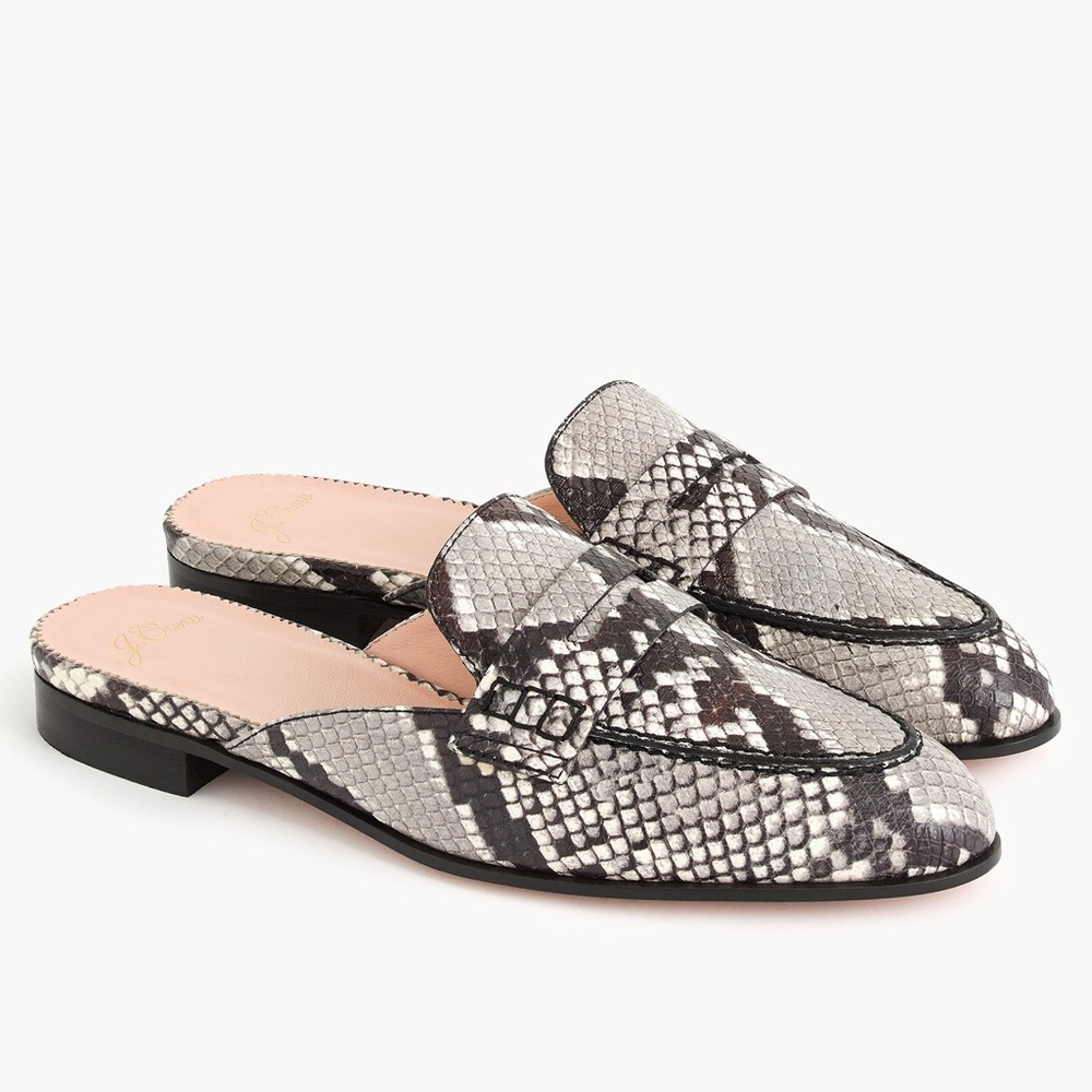 J Crew Academy penny loafer mules in snake-embossed leather
